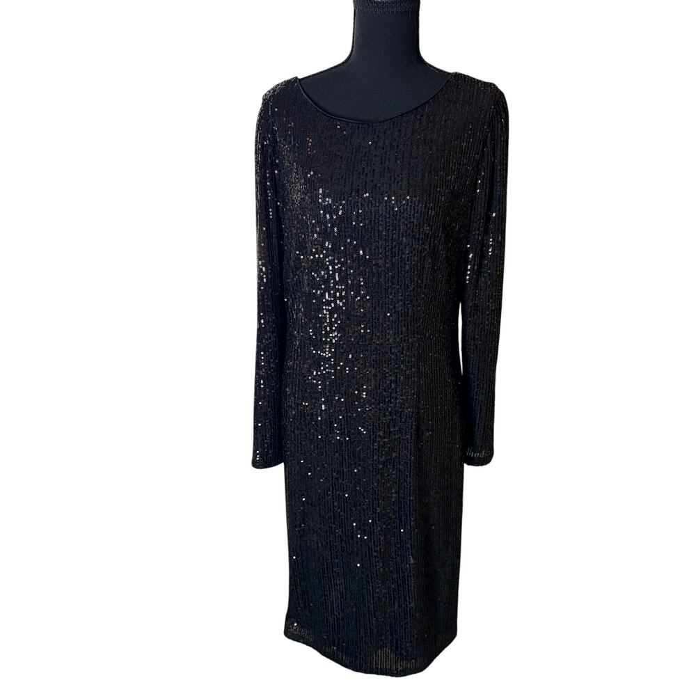 Nanette Lepore Black Sequin‎ Dress Long Sleeve V back Cocktail Party Size 12 NWT